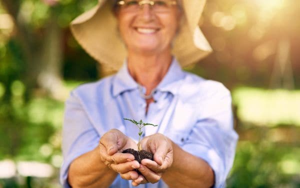 Mujer mayor con una pequeña planta en sus manos